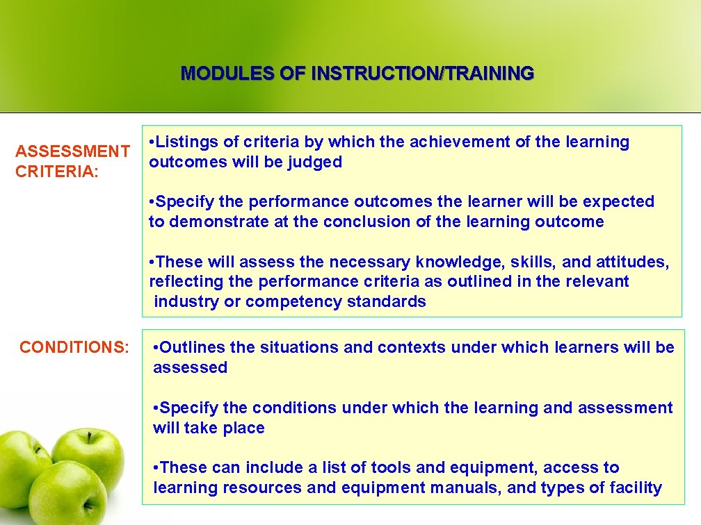 MODULES OF INSTRUCTION/TRAINING ASSESSMENT CRITERIA: • Listings of criteria by which the achievement of
