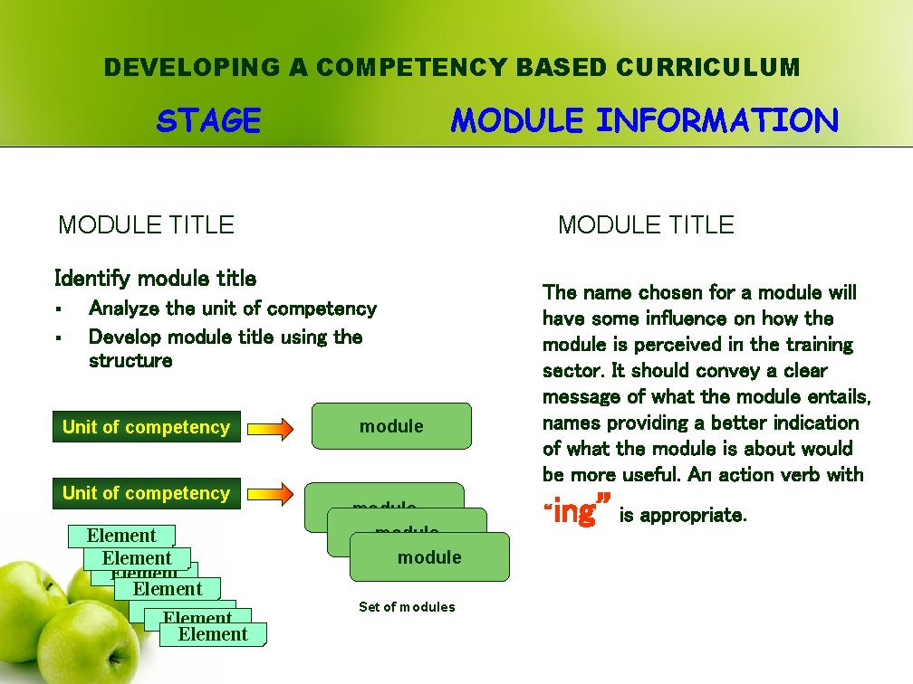 DEVELOPING A COMPETENCY BASED CURRICULUM STAGE MODULE INFORMATION MODULE TITLE Identify module title §