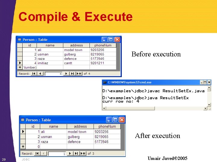 Compile & Execute Before execution After execution 29 JDBC Umair Javed© 2005 