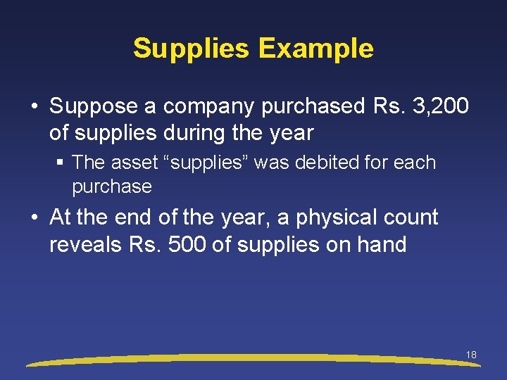 Supplies Example • Suppose a company purchased Rs. 3, 200 of supplies during the