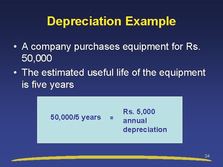 Depreciation Example • A company purchases equipment for Rs. 50, 000 • The estimated