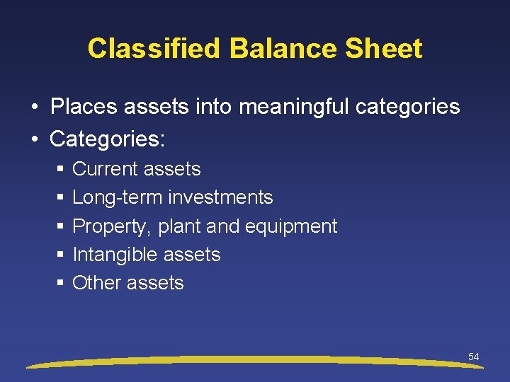 Classified Balance Sheet • Places assets into meaningful categories • Categories: § § §