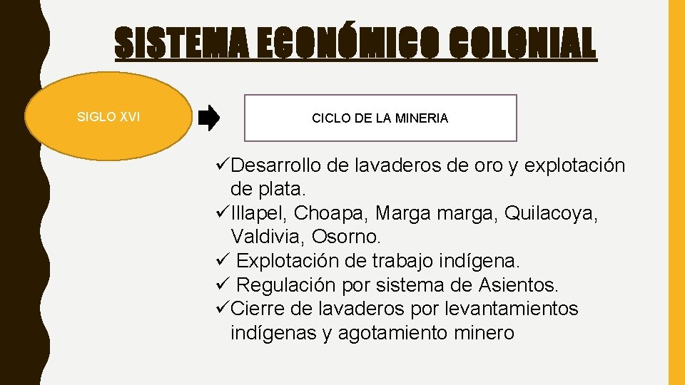 SISTEMA ECONÓMICO COLONIAL SIGLO XVI CICLO DE LA MINERIA üDesarrollo de lavaderos de oro