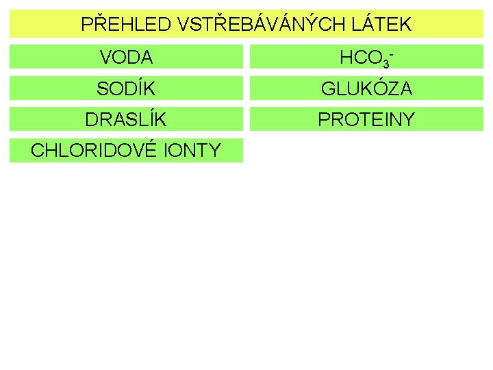 PŘEHLED VSTŘEBÁVÁNÝCH LÁTEK VODA HCO 3 - SODÍK GLUKÓZA DRASLÍK PROTEINY CHLORIDOVÉ IONTY 