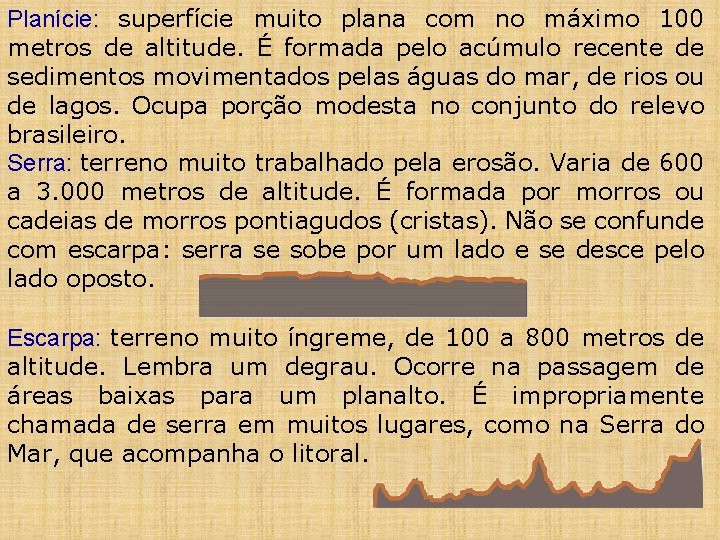 Planície: superfície muito plana com no máximo 100 metros de altitude. É formada pelo