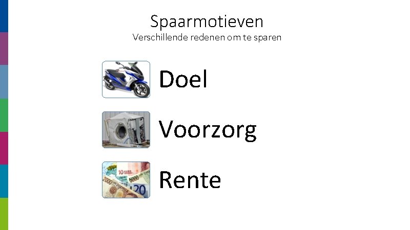 Spaarmotieven Verschillende redenen om te sparen Doel Voorzorg Rente 