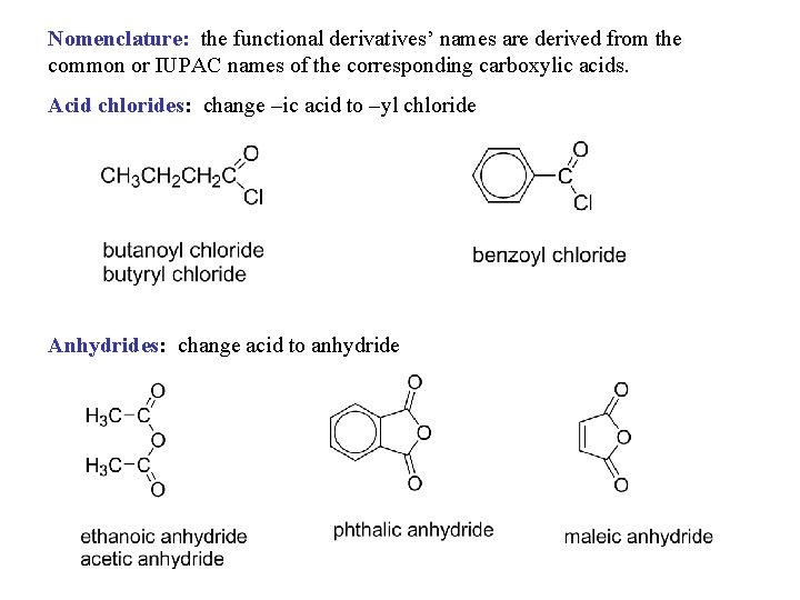 Nomenclature: the functional derivatives’ names are derived from the common or IUPAC names of