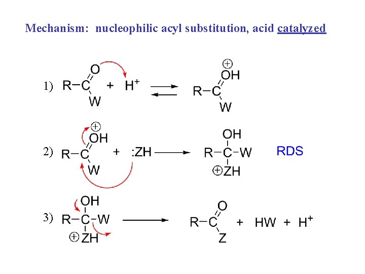 Mechanism: nucleophilic acyl substitution, acid catalyzed 1) 2) 3) 