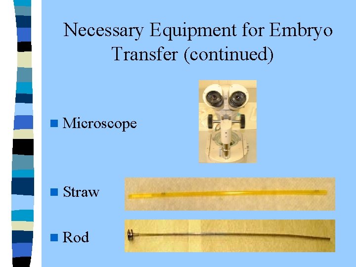  Necessary Equipment for Embryo Transfer (continued) n Microscope n Straw n Rod 