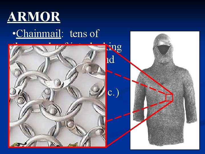 ARMOR • Chainmail: tens of thousands of interlocking rings for shirt, coif, and leggings