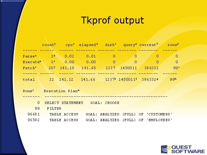 Tkprof output count 2 cpu 3 elapsed 4 disk 5 query 6 current 7