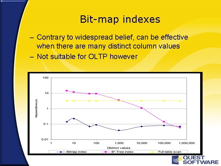Bit-map indexes – Contrary to widespread belief, can be effective when there are many