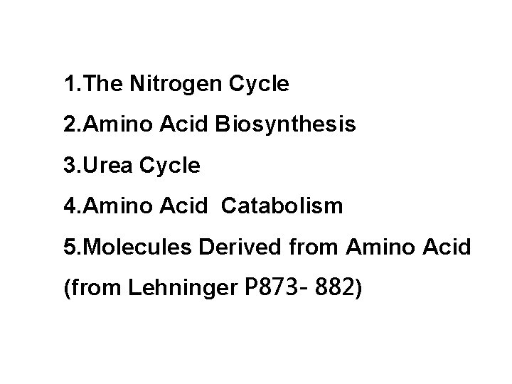 1. The Nitrogen Cycle 2. Amino Acid Biosynthesis 3. Urea Cycle 4. Amino Acid