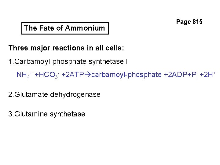 The Fate of Ammonium Page 815 Three major reactions in all cells: 1. Carbamoyl-phosphate