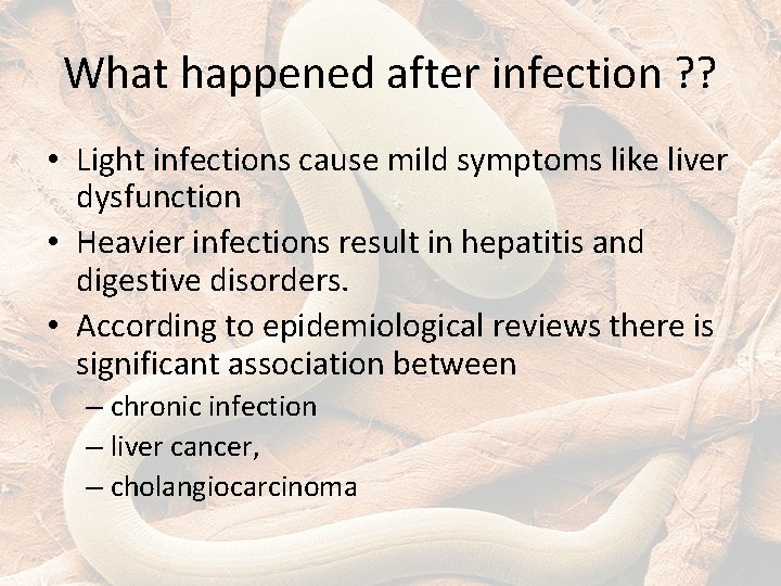 What happened after infection ? ? • Light infections cause mild symptoms like liver