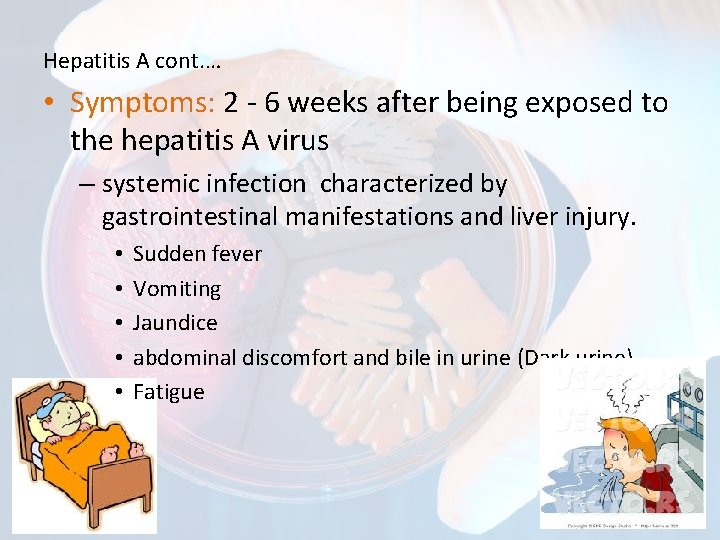 Hepatitis A cont. … • Symptoms: 2 - 6 weeks after being exposed to