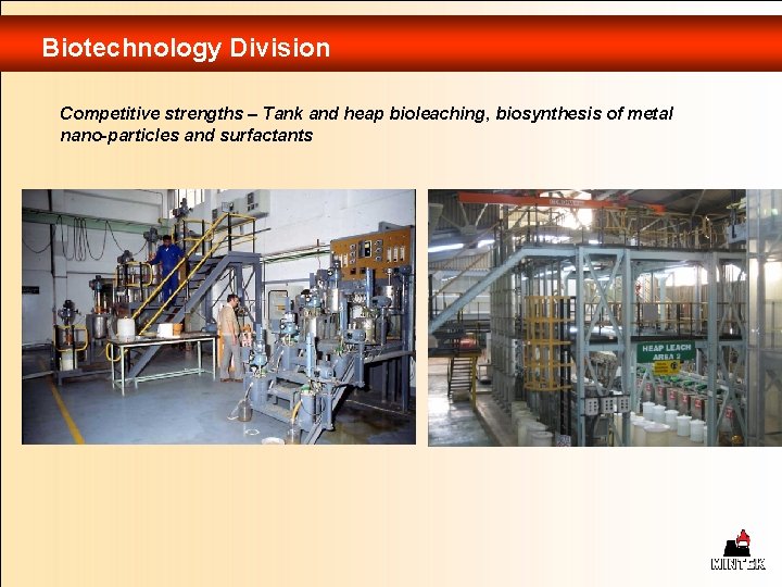 Biotechnology Division Competitive strengths – Tank and heap bioleaching, biosynthesis of metal nano-particles and