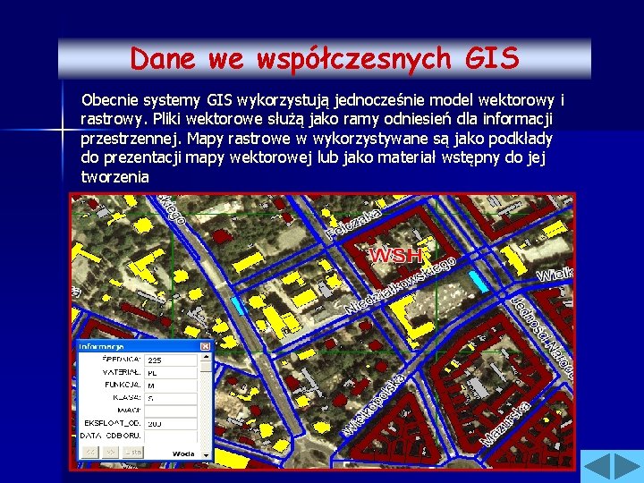 Dane we współczesnych GIS Obecnie systemy GIS wykorzystują jednocześnie model wektorowy i rastrowy. Pliki