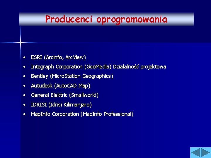 Producenci oprogramowania • ESRI (Arcinfo, Arc. View) • Integraph Corporation (Geo. Media) Działalność projektowa