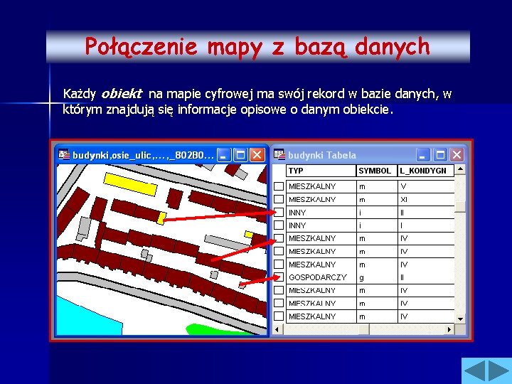 Połączenie mapy z bazą danych Każdy obiekt na mapie cyfrowej ma swój rekord w