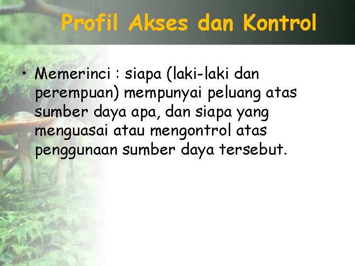 Profil Akses dan Kontrol • Memerinci : siapa (laki-laki dan perempuan) mempunyai peluang atas