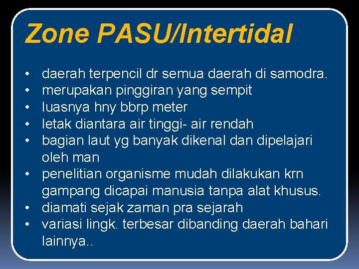 Zone PASU/Intertidal • • • daerah terpencil dr semua daerah di samodra. merupakan pinggiran