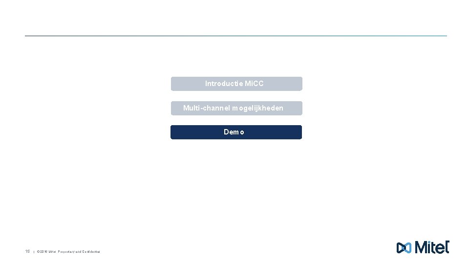 Introductie Mi. CC Multi-channel mogelijkheden Demo 15 | © 2016 Mitel. Proprietary and Confidential.