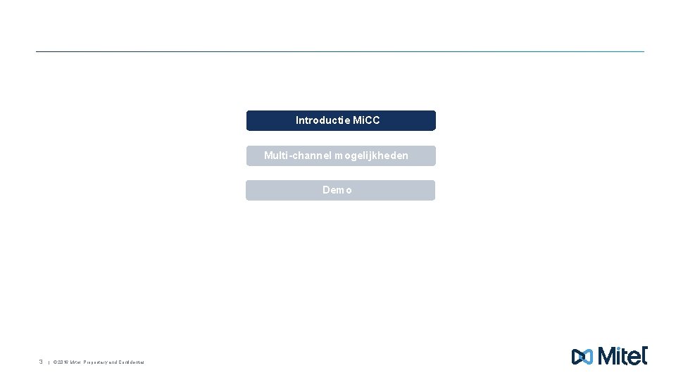 Introductie Mi. CC Multi-channel mogelijkheden Demo 3 | © 2016 Mitel. Proprietary and Confidential.