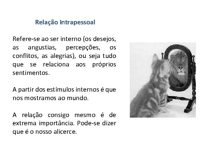 Relação Intrapessoal Refere-se ao ser interno (os desejos, as angustias, percepções, os conflitos, as