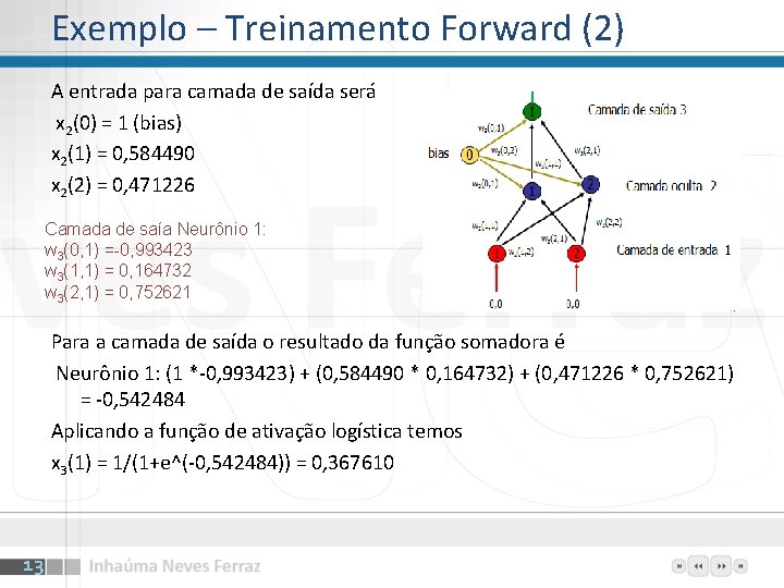 Exemplo – Treinamento Forward (2) A entrada para camada de saída será x 2(0)