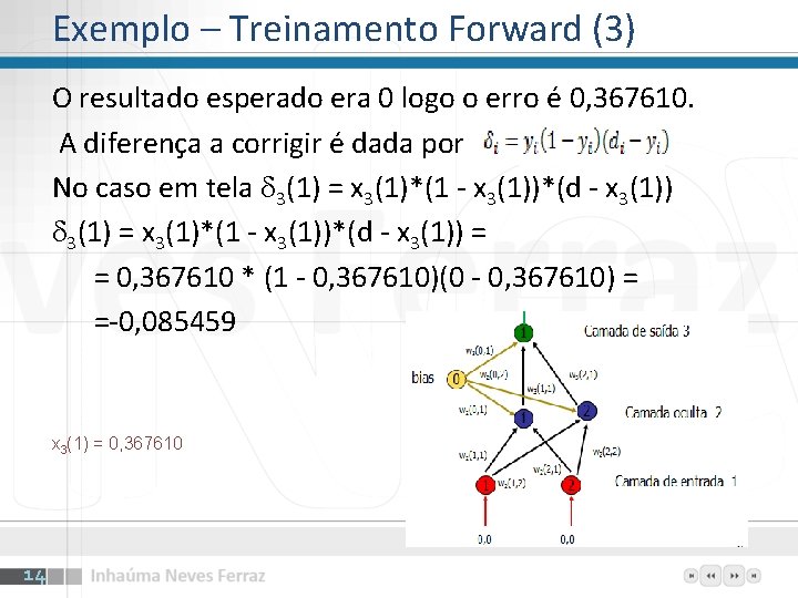 Exemplo – Treinamento Forward (3) O resultado esperado era 0 logo o erro é