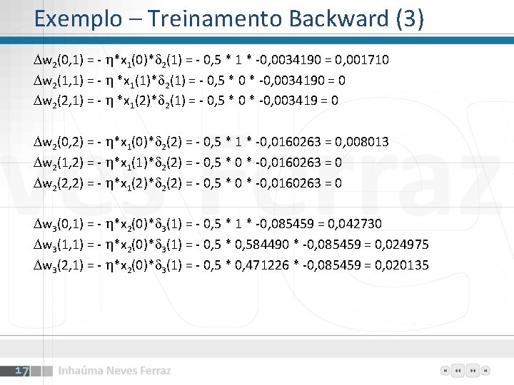 Exemplo – Treinamento Backward (3) w 2(0, 1) = - *x 1(0)* 2(1) =