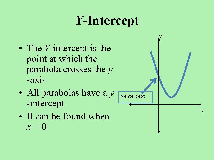 Y-Intercept y • The Y-intercept is the point at which the parabola crosses the Y-Intercept y • The Y-intercept is the point at which the parabola crosses the