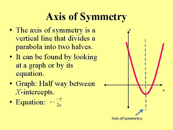 Axis of Symmetry • The axis of symmetry is a vertical line that divides