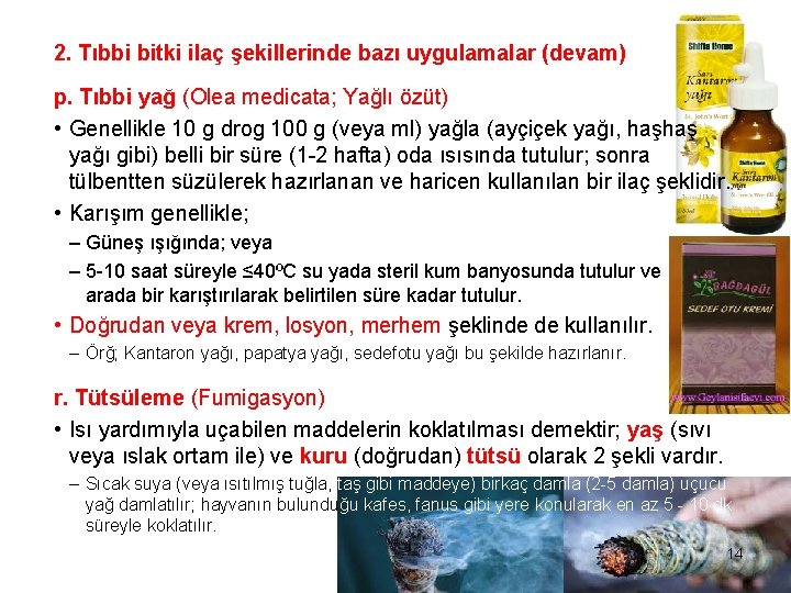 2. Tıbbi bitki ilaç şekillerinde bazı uygulamalar (devam) p. Tıbbi yağ (Olea medicata; Yağlı