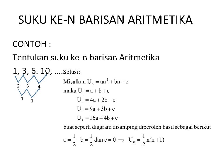 SUKU KE-N BARISAN ARITMETIKA CONTOH : Tentukan suku ke-n barisan Aritmetika 1, 3, 6.