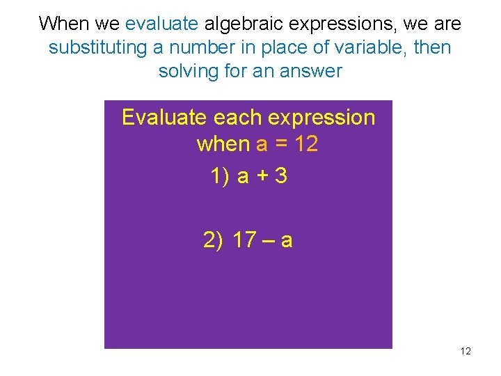 When we evaluate algebraic expressions, we are substituting a number in place of variable,
