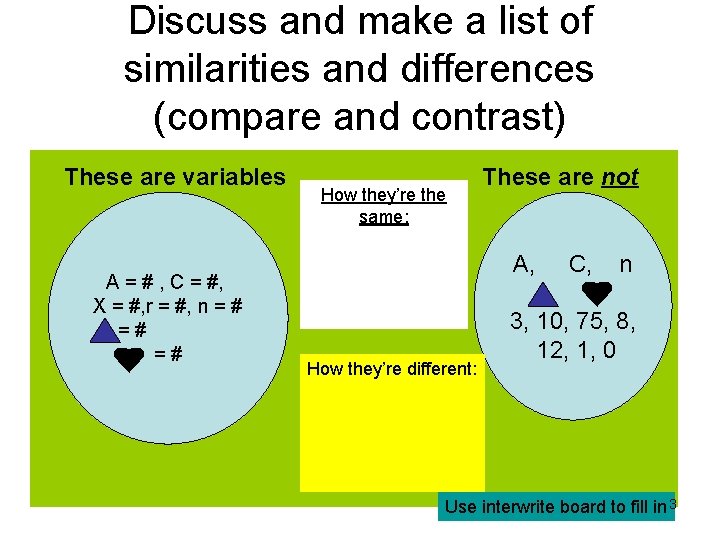 Discuss and make a list of similarities and differences (compare and contrast) These are