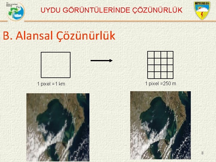 UYDU GÖRÜNTÜLERİNDE ÇÖZÜNÜRLÜK B. Alansal Çözünürlük 1 pixel =1 km 1 pixel =250 m