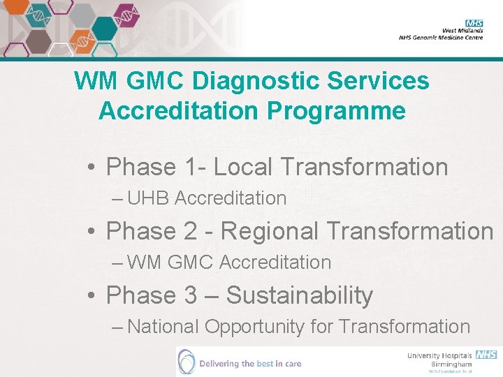WM GMC Diagnostic Services Accreditation Programme • Phase 1 - Local Transformation – UHB