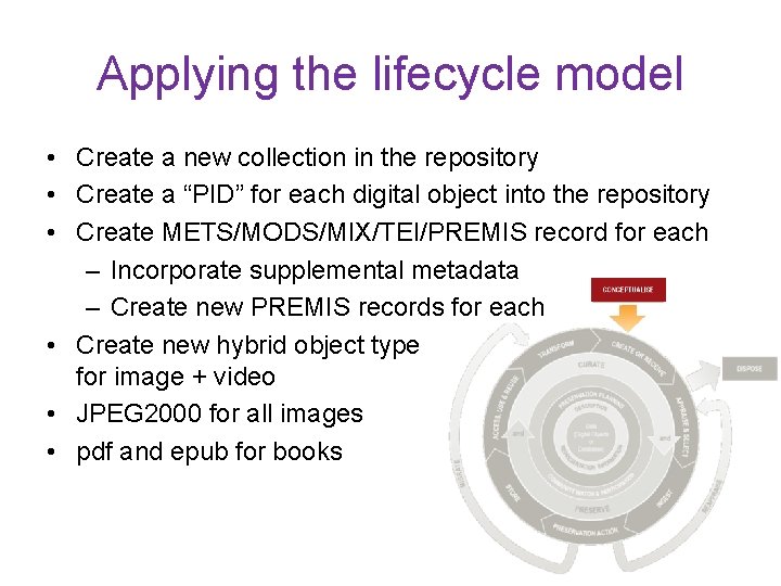 Applying the lifecycle model • Create a new collection in the repository • Create