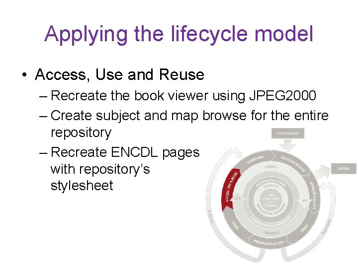 Applying the lifecycle model • Access, Use and Reuse – Recreate the book viewer