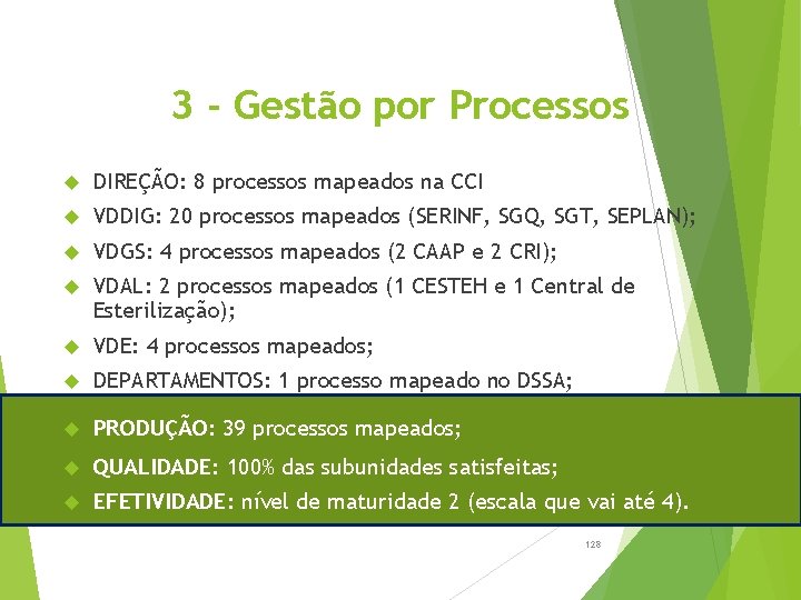 3 - Gestão por Processos DIREÇÃO: 8 processos mapeados na CCI VDDIG: 20 processos