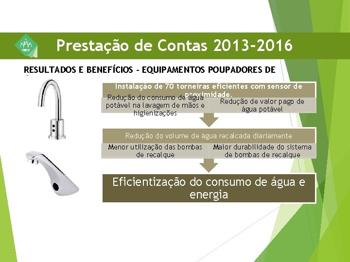 Prestação de Contas 2013 -2016 RESULTADOS E BENEFÍCIOS - EQUIPAMENTOS POUPADORES DE ÁGUA Instalação