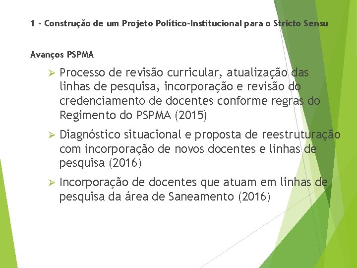 1 – Construção de um Projeto Político-Institucional para o Stricto Sensu Avanços PSPMA Ø