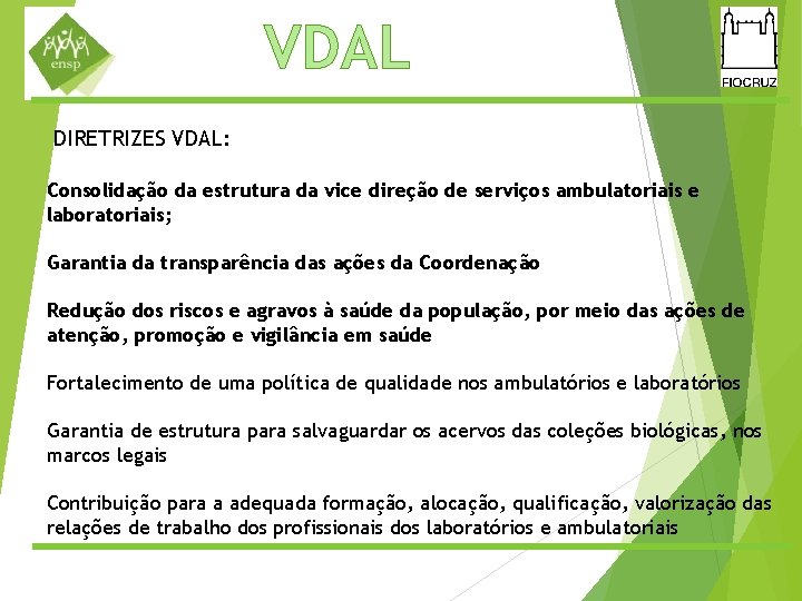 VDAL DIRETRIZES VDAL: Consolidação da estrutura da vice direção de serviços ambulatoriais e laboratoriais;