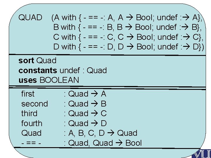 QUAD (A with { - == -: A, A Bool; undef : A}, B