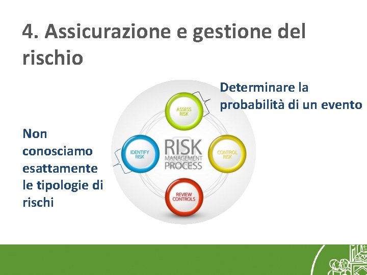 4. Assicurazione e gestione del rischio Determinare la probabilità di un evento Non conosciamo