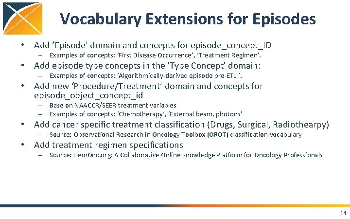 Vocabulary Extensions for Episodes • Add ‘Episode’ domain and concepts for episode_concept_ID – Examples