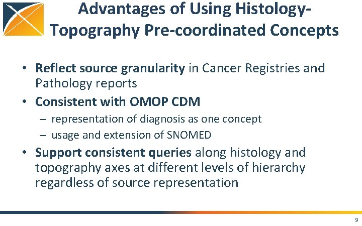 Advantages of Using Histology. Topography Pre-coordinated Concepts • Reflect source granularity in Cancer Registries